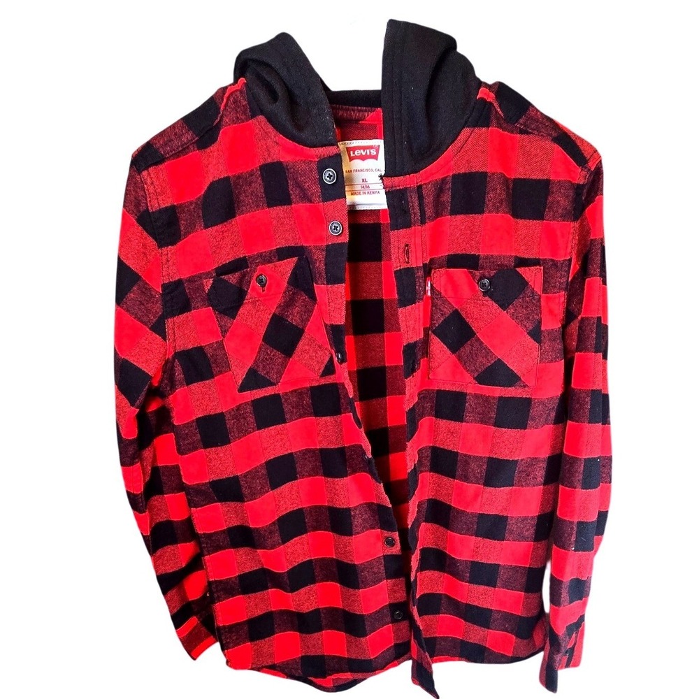 Levis Boys Red Black Buffalo Plaid Hooded Flannel Shirt XL 14/16 Long Slve Hoody